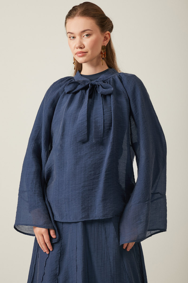 Tie Neck Skirt Set Navy Blue - 8