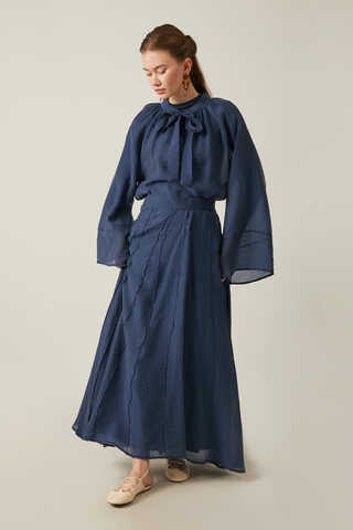 Tie Neck Skirt Set Navy Blue - 5