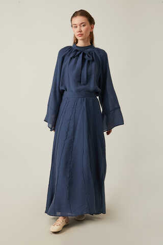 Tie Neck Skirt Set Navy Blue - 9