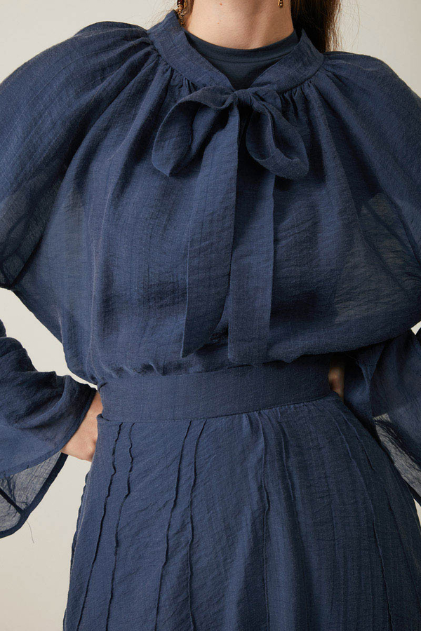 Tie Neck Skirt Set Navy Blue - 4