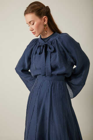 Tie Neck Skirt Set Navy Blue - 2