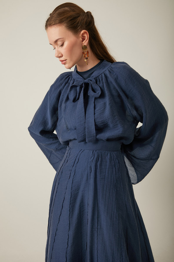 Tie Neck Skirt Set Navy Blue - 2