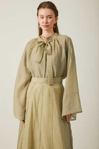 Tie Neck Skirt Set Olive Green - 6