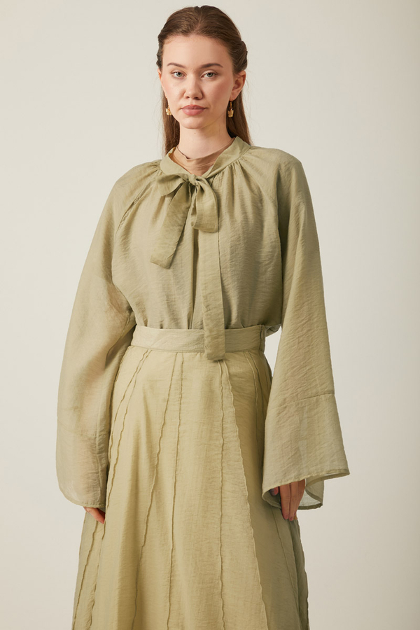 Tie Neck Skirt Set Olive Green - 6