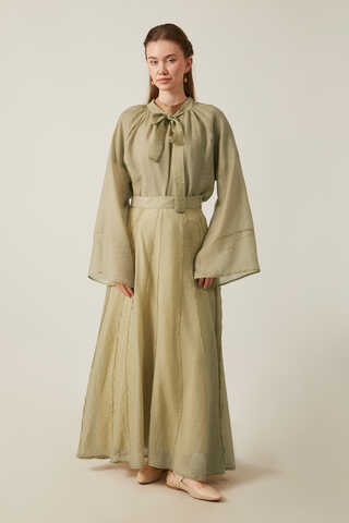 Tie Neck Skirt Set Olive Green - 1