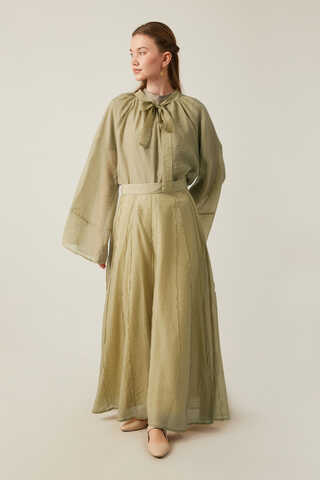 Tie Neck Skirt Set Olive Green - 10