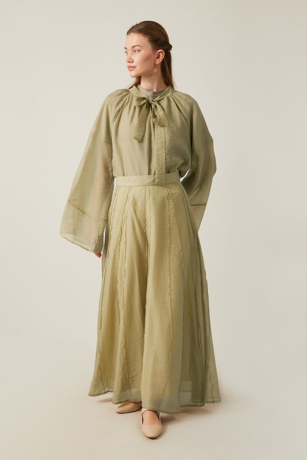 Tie Neck Skirt Set Olive Green - 10