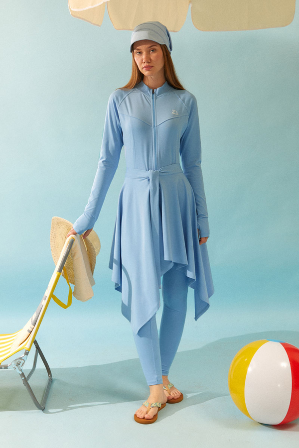 Tie Waist Asymmetric Swim Skirt Baby Blue - 3