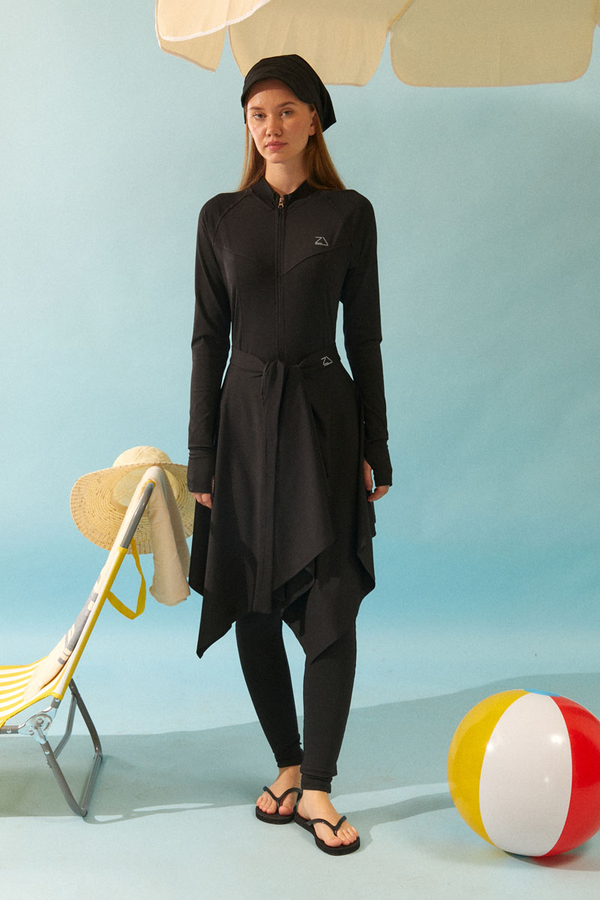 Tie Waist Asymmetric Swim Skirt Black 