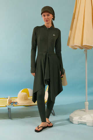 Tie Waist Asymmetric Swim Skirt Khaki - 1