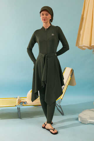 Tie Waist Asymmetric Swim Skirt Khaki - 4