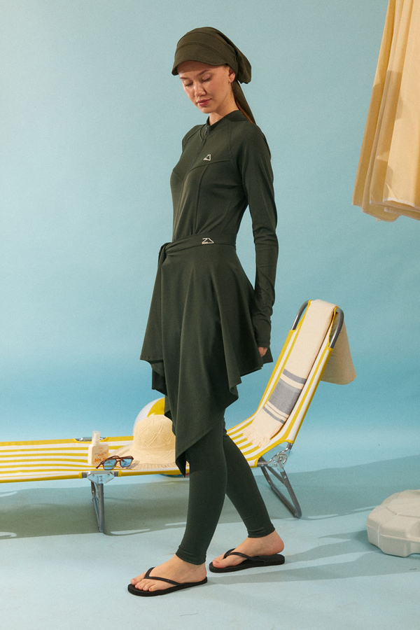 Tie Waist Asymmetric Swim Skirt Khaki - 6