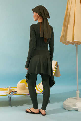 Tie Waist Asymmetric Swim Skirt Khaki - 7