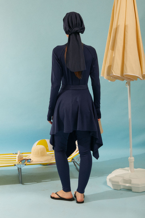 Tie Waist Asymmetric Swim Skirt Navy - 8