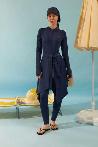 Tie Waist Asymmetric Swim Skirt Navy - 2