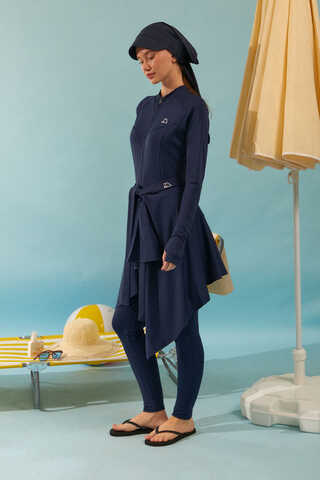 Tie Waist Asymmetric Swim Skirt Navy - 3