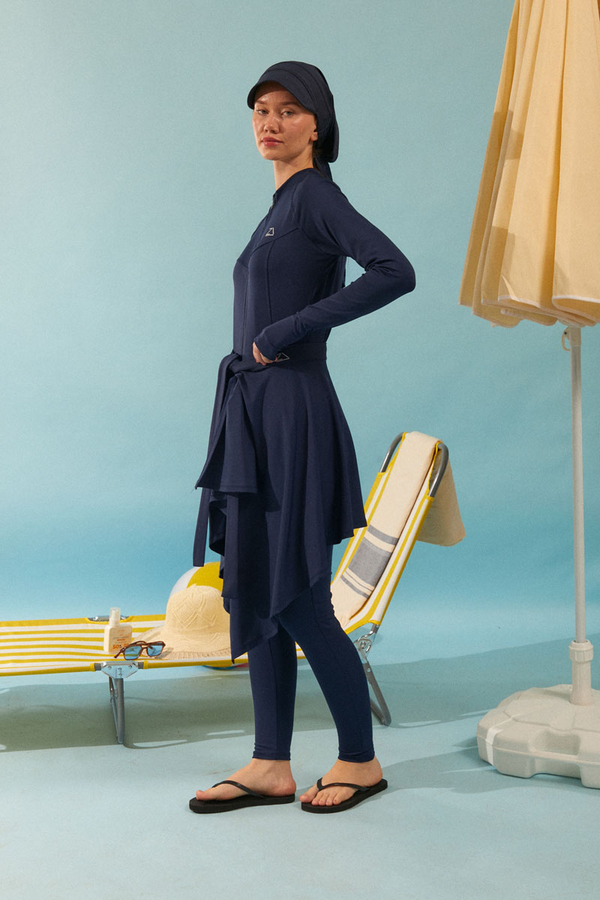 Tie Waist Asymmetric Swim Skirt Navy - 4