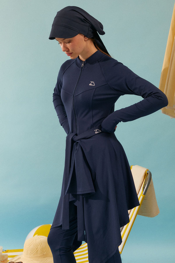 Tie Waist Asymmetric Swim Skirt Navy - 5