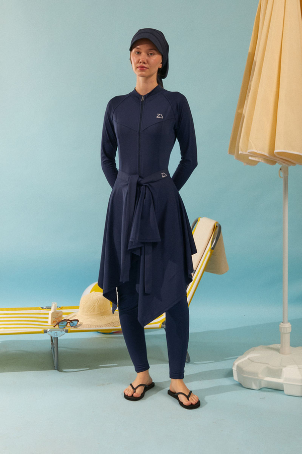 Tie Waist Asymmetric Swim Skirt Navy - 6