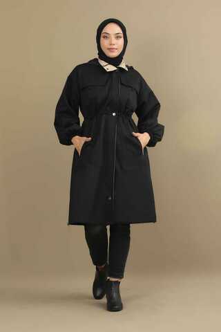 Tie Waist Hooded Trench Black - 1