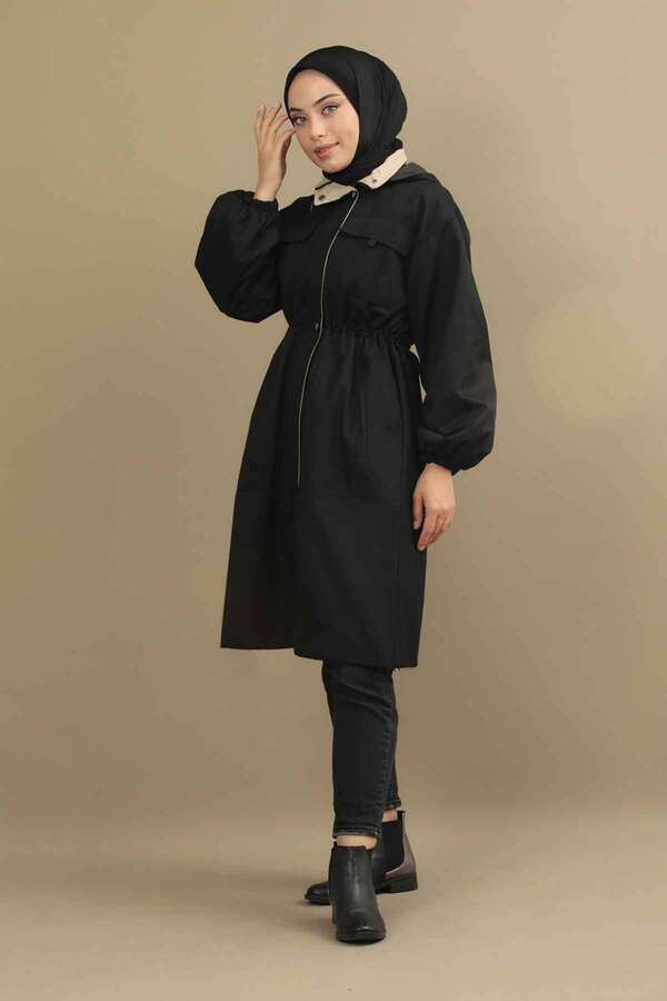 Tie Waist Hooded Trench Black - 2