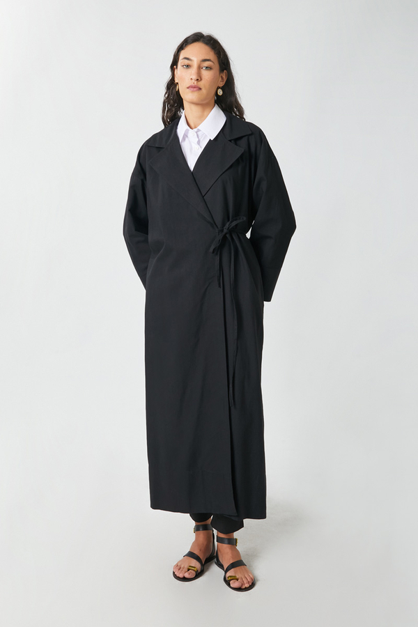 Tie-Waist Linen Trench Coat Black - 8