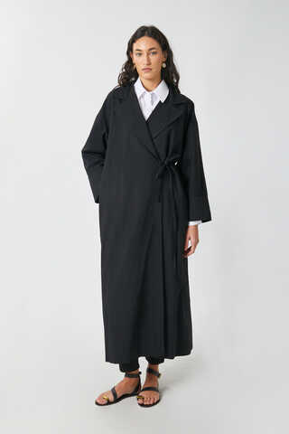 Tie-Waist Linen Trench Coat Black - 10