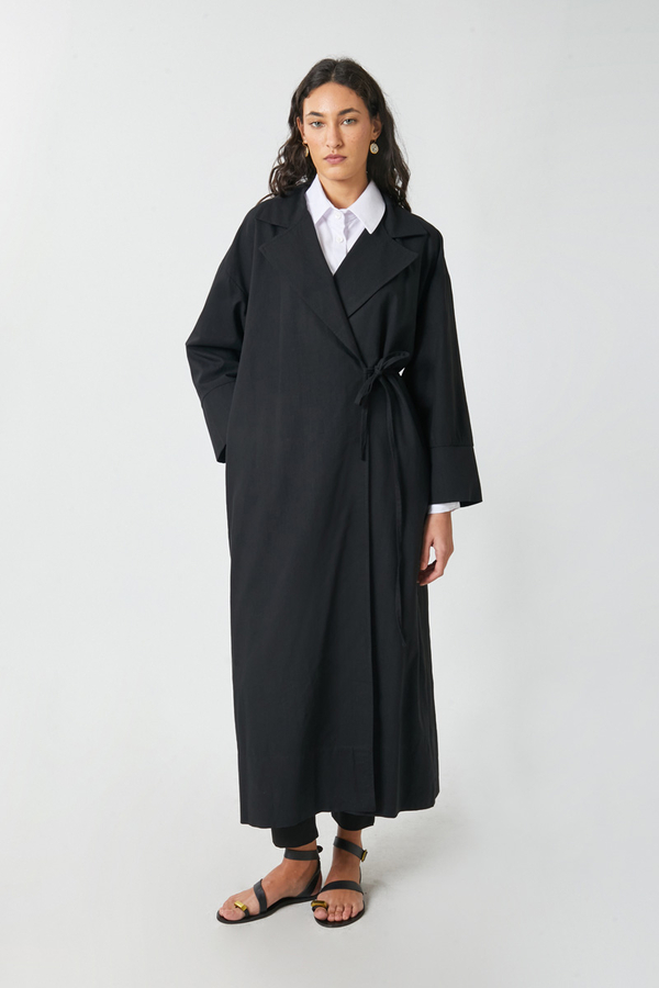 Tie-Waist Linen Trench Coat Black - 10