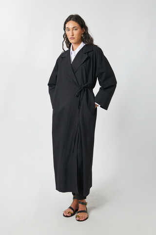 Tie-Waist Linen Trench Coat Black - 5