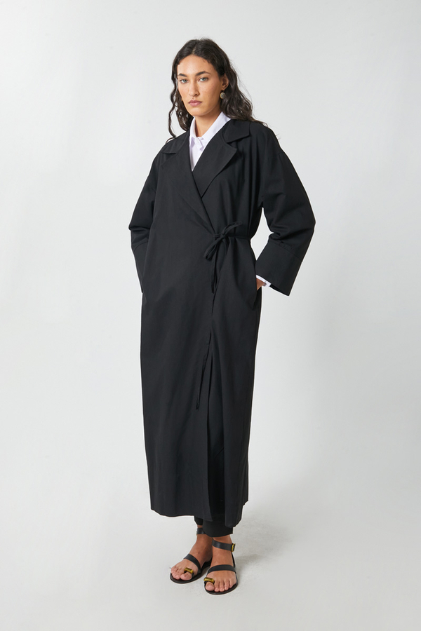 Tie-Waist Linen Trench Coat Black - 5