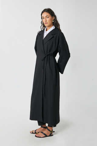 Tie-Waist Linen Trench Coat Black - 12