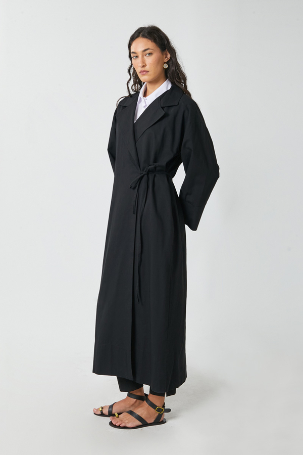 Tie-Waist Linen Trench Coat Black - 12