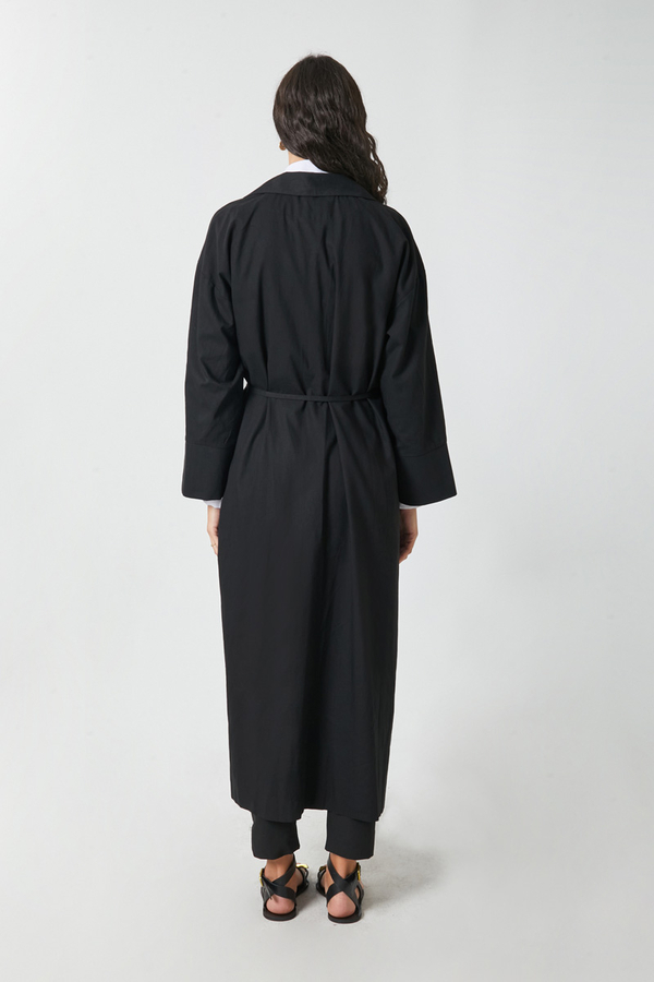 Tie-Waist Linen Trench Coat Black - 16