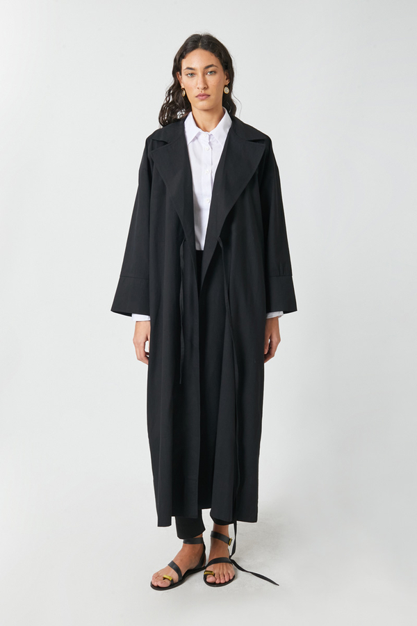 Tie-Waist Linen Trench Coat Black - 3