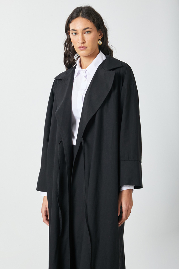 Tie-Waist Linen Trench Coat Black - 14