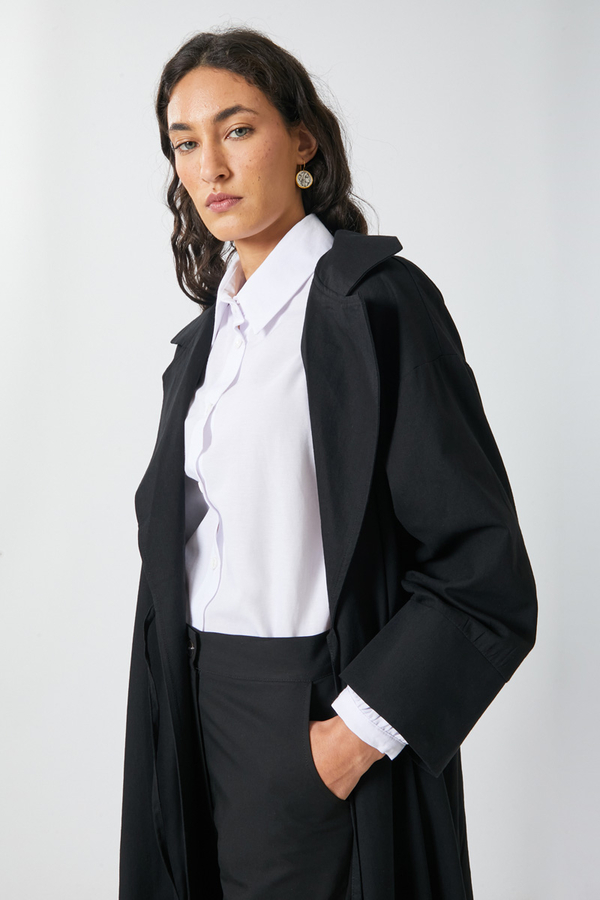 Tie-Waist Linen Trench Coat Black - 4
