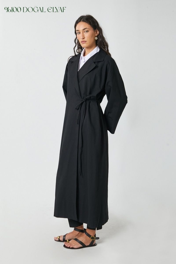 Tie-Waist Linen Trench Coat Black - 1
