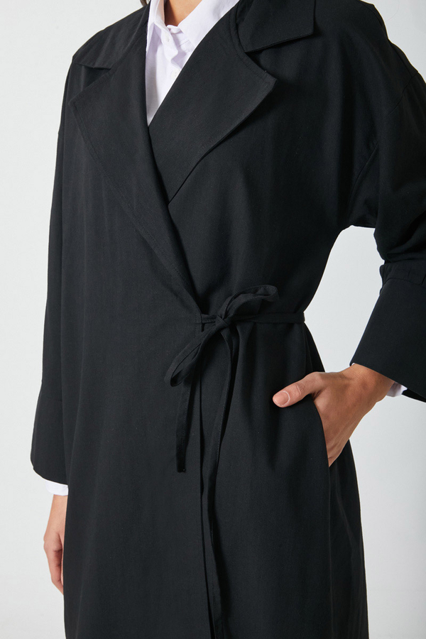 Tie-Waist Linen Trench Coat Black - 6
