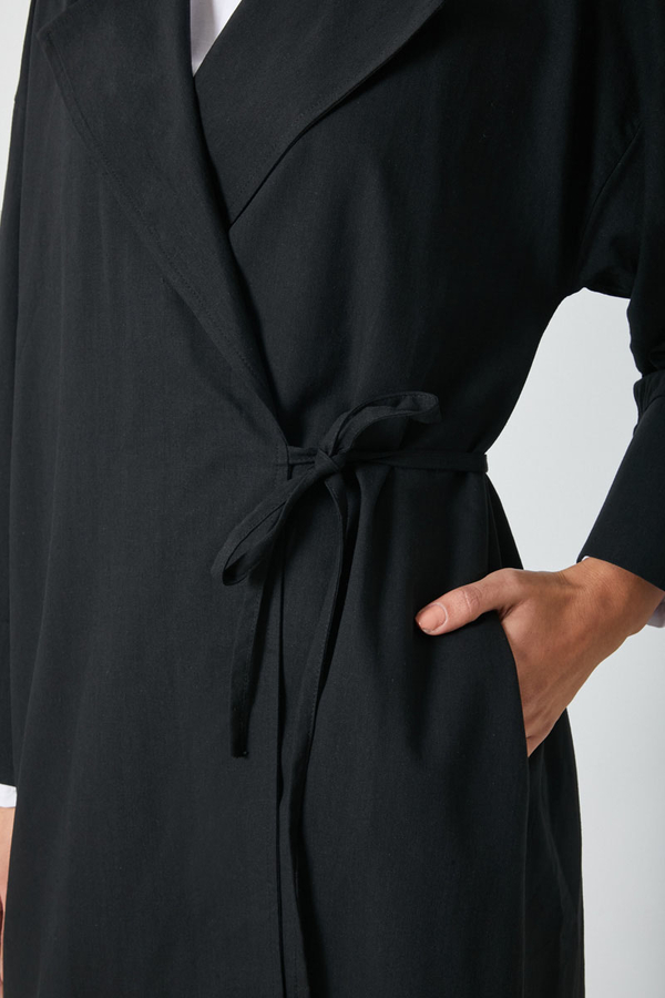 Tie-Waist Linen Trench Coat Black - 13