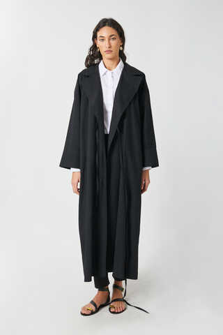Tie-Waist Linen Trench Coat Black - 3
