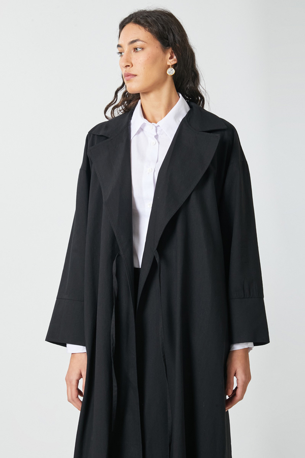 Tie-Waist Linen Trench Coat Black - 2