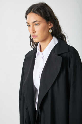 Tie-Waist Linen Trench Coat Black - 7