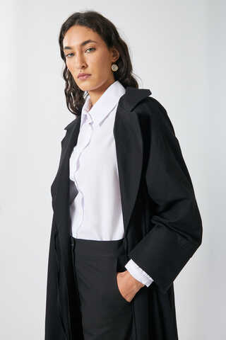 Tie-Waist Linen Trench Coat Black - 4