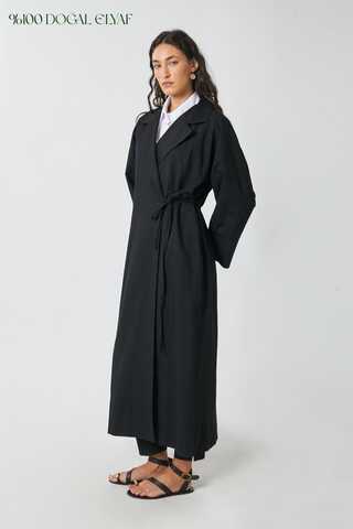 Tie-Waist Linen Trench Coat Black - 1