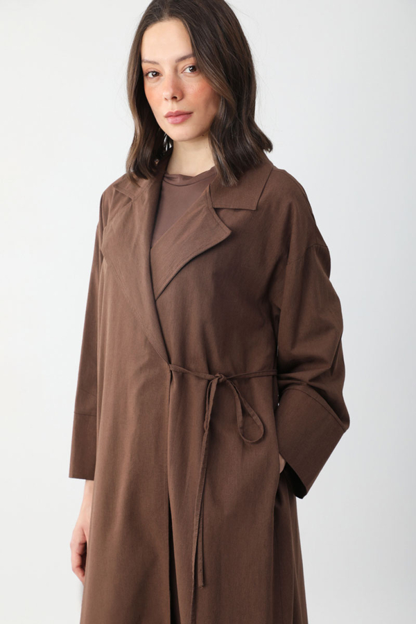 Tie-Waist Linen Trench Coat Brown - 7