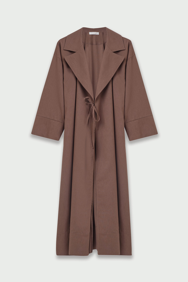 Tie-Waist Linen Trench Coat Brown - 2