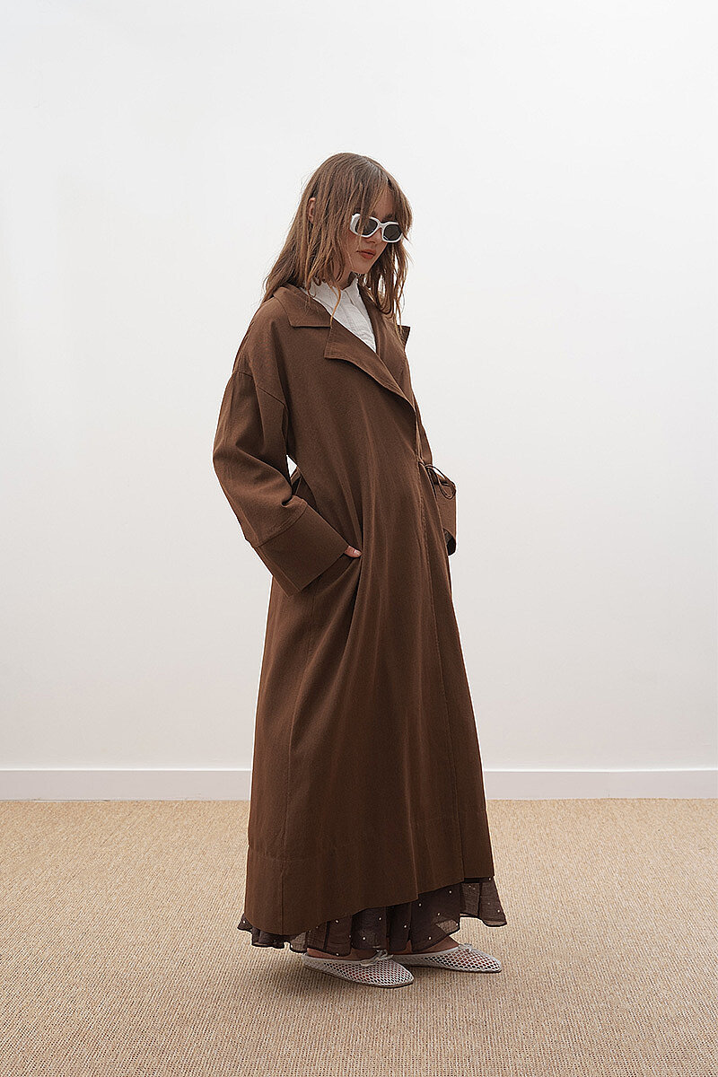 Tie-Waist Linen Trench Coat Brown - 3