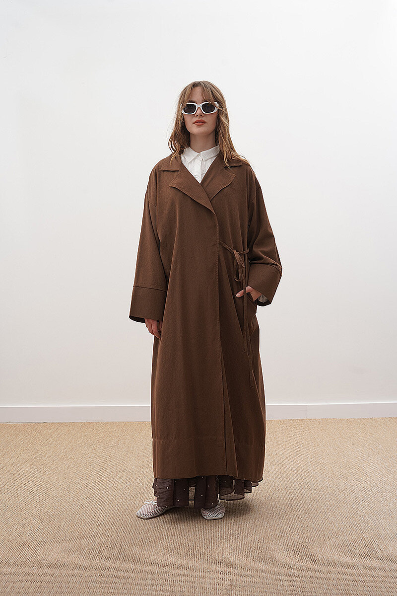 Tie-Waist Linen Trench Coat Brown - 5