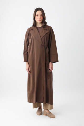 Tie-Waist Linen Trench Coat Brown - 4