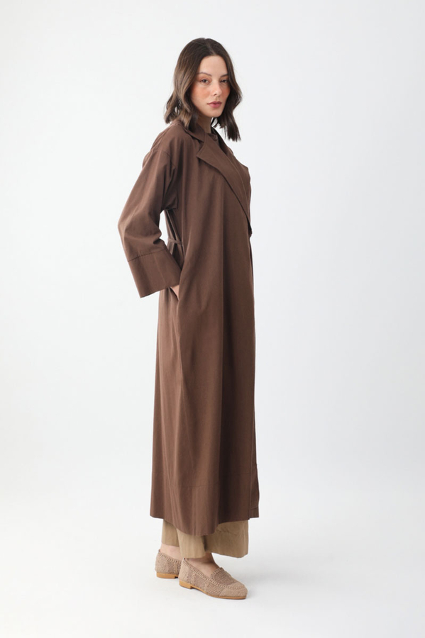 Tie-Waist Linen Trench Coat Brown - 9